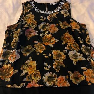 Floral Sleeveless Top - Black and Orange sleeveless elegant blouse. High low